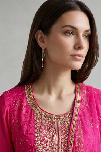 Shop_Basanti Kapde Aur Koffee_Fuchsia Georgette, Net Round Neck, Yes Embroidered Kurta Sharara Set _Online_at_Aza_Fashions
