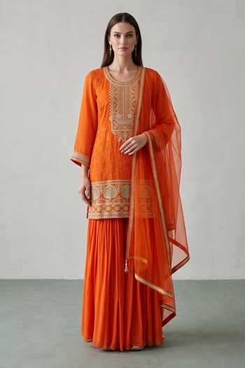 Basanti Kapde Aur Koffee Placement Embroidered Kurta Sharara Set 