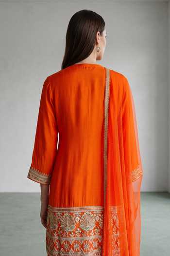 Basanti Kapde Aur Koffee_Orange Georgette, Net Round Neck Placement Embroidered Kurta Sharara Set _Online_at_Aza_Fashions
