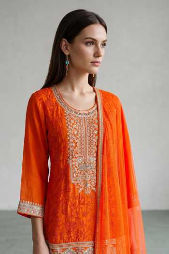 Buy_Basanti Kapde Aur Koffee_Orange Georgette, Net Round Neck Placement Embroidered Kurta Sharara Set _Online_at_Aza_Fashions