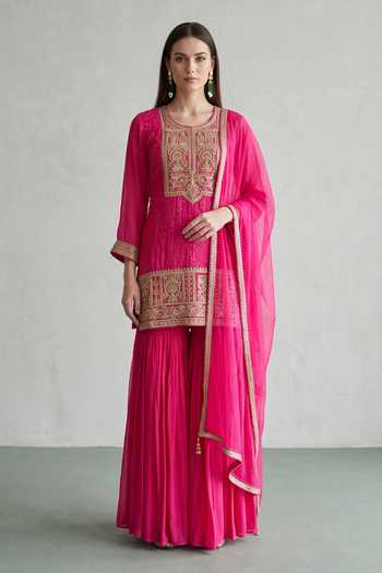 Basanti Kapde Aur Koffee Embroidered Kurta Sharara Set 
