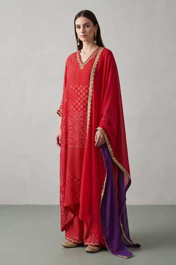 Basanti Kapde Aur Koffee Bandhej Print Kaftan Palazzo Set 