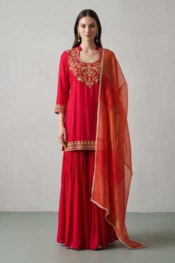 Basanti Kapde Aur Koffee Chanderi Embroidered Kurta Sharara Set 