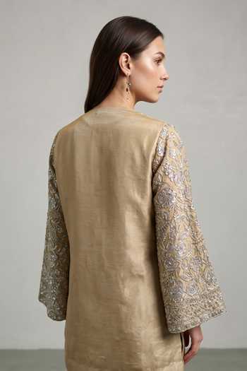 Buy_Basanti Kapde Aur Koffee_Gold Tissue Split V-neck Embroidered Kurta Palazzo Set _Online_at_Aza_Fashions