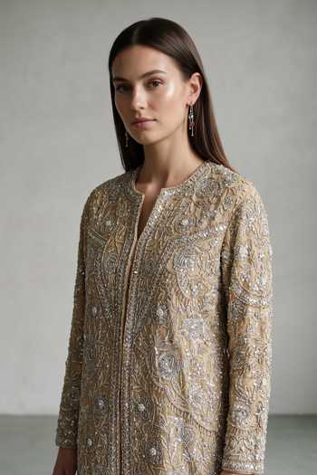Shop_Basanti Kapde Aur Koffee_Gold Tissue Split V-neck Embroidered Kurta Palazzo Set _Online_at_Aza_Fashions