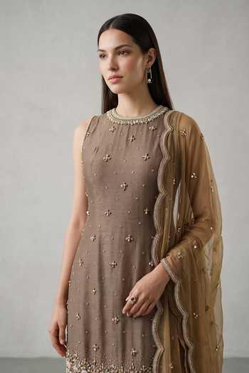 Buy Basanti Kapde Aur Koffee Brown Georgette Round Neck, Yes Embroidered Kurta Sharara Set Online at Aza Fashions Buy_Basanti Kapde Aur Koffee_Brown Georgette Round Neck, Yes Embroidered Kurta Sharara Set _Online_at_Aza_Fashions