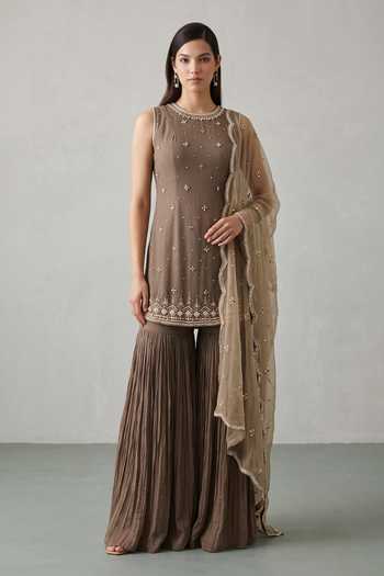 Basanti Kapde Aur Koffee Embroidered Kurta Sharara Set
