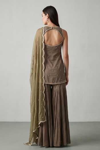 Basanti Kapde Aur Koffee Embroidered Kurta Sharara Set