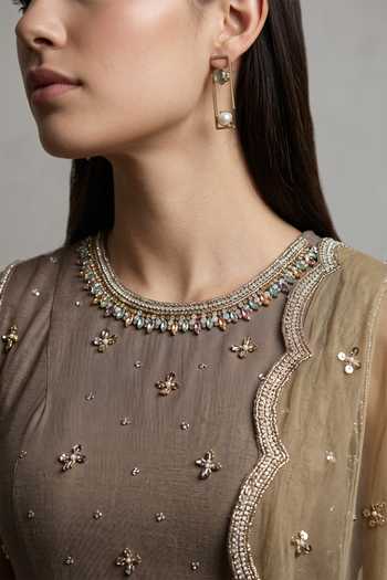 Shop Basanti Kapde Aur Koffee Brown Georgette Round Neck, Yes Embroidered Kurta Sharara Set Online at Aza Fashions Shop_Basanti Kapde Aur Koffee_Brown Georgette Round Neck, Yes Embroidered Kurta Sharara Set _Online_at_Aza_Fashions
