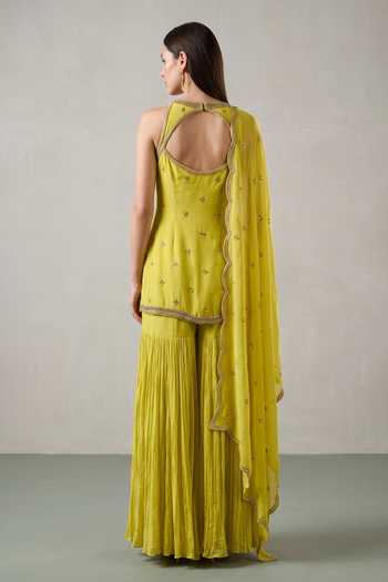 Basanti Kapde Aur Koffee Embroidered Kurta Sharara Set 
