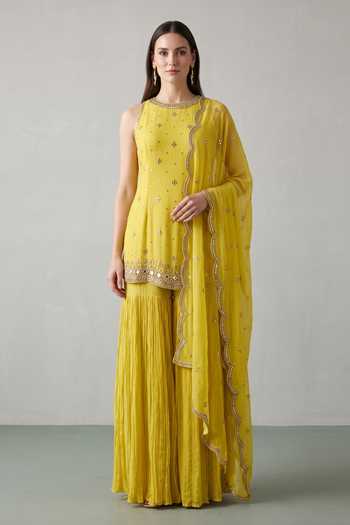 Basanti Kapde Aur Koffee Embroidered Kurta Sharara Set 