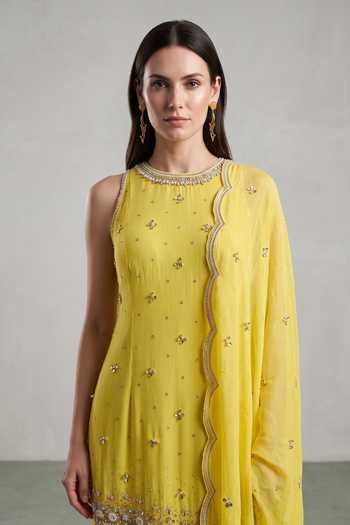 Basanti Kapde Aur Koffee_Yellow Georgette Round Neck Embroidered Kurta Sharara Set _Online_at_Aza_Fashions