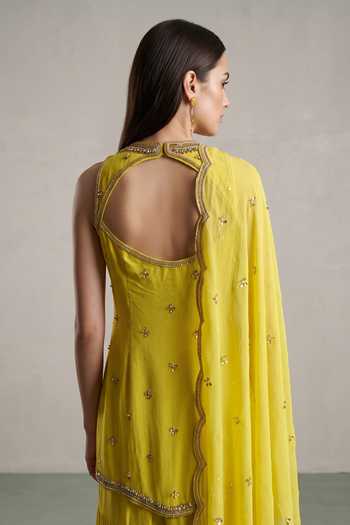 Buy_Basanti Kapde Aur Koffee_Yellow Georgette Round Neck Embroidered Kurta Sharara Set _Online_at_Aza_Fashions