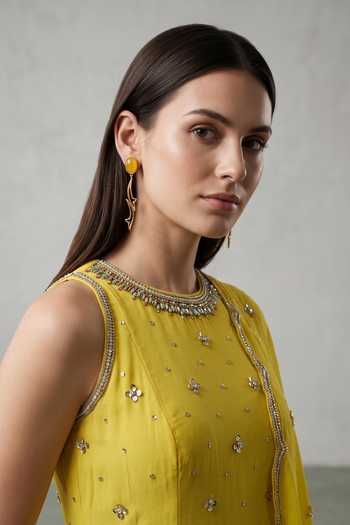 Shop_Basanti Kapde Aur Koffee_Yellow Georgette Round Neck Embroidered Kurta Sharara Set _Online_at_Aza_Fashions