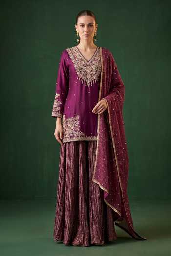 Basanti Kapde Aur Koffee Embroidered Kurta Sharara Set