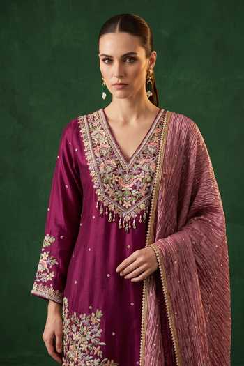 Basanti Kapde Aur Koffee Wine Chanderi, Tissue V-neck Embroidered Kurta Sharara Set Online at Aza Fashions Basanti Kapde Aur Koffee_Wine Chanderi, Tissue V-neck Embroidered Kurta Sharara Set _Online_at_Aza_Fashions