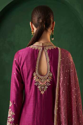 Buy Basanti Kapde Aur Koffee Wine Chanderi, Tissue V-neck Embroidered Kurta Sharara Set Online at Aza Fashions Buy_Basanti Kapde Aur Koffee_Wine Chanderi, Tissue V-neck Embroidered Kurta Sharara Set _Online_at_Aza_Fashions