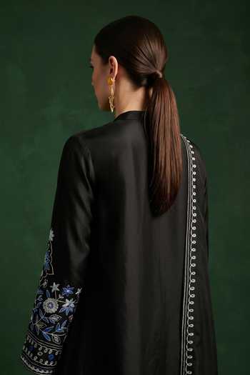 Basanti Kapde Aur Koffee Black Chanderi Round Neck, Yes Embroidered Kurta Pant Set Online at Aza Fashions Basanti Kapde Aur Koffee_Black Chanderi Round Neck, Yes Embroidered Kurta Pant Set _Online_at_Aza_Fashions