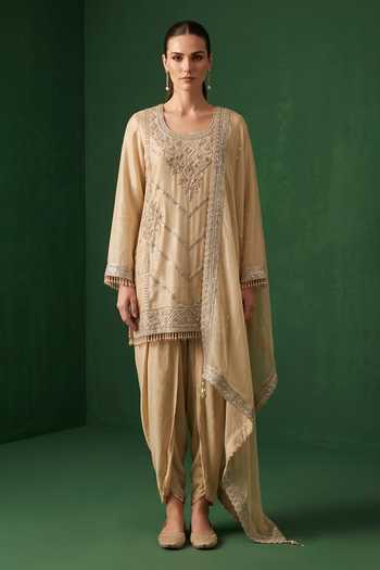 Basanti Kapde Aur Koffee Embroidered Kurta Dhoti Pant Set 