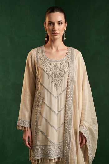 Basanti Kapde Aur Koffee_Beige Tissue Sequins, Beads, Pearls, Zari Scoop Embroidered Kurta Dhoti Pant Set _Online_at_Aza_Fashions