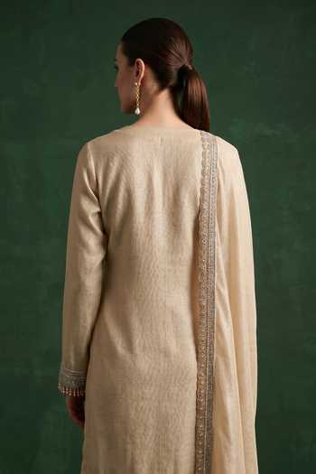 Buy_Basanti Kapde Aur Koffee_Beige Tissue Sequins, Beads, Pearls, Zari Scoop Embroidered Kurta Dhoti Pant Set _Online_at_Aza_Fashions