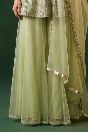 Basanti Kapde Aur Koffee_Green Net Scoop Neck Embroidered Kurta Sharara Set _Online_at_Aza_Fashions