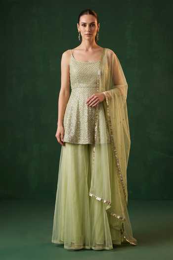 Basanti Kapde Aur Koffee Embroidered Kurta Sharara Set 