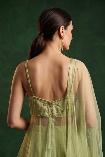 Buy_Basanti Kapde Aur Koffee_Green Net Scoop Neck Embroidered Kurta Sharara Set _Online_at_Aza_Fashions