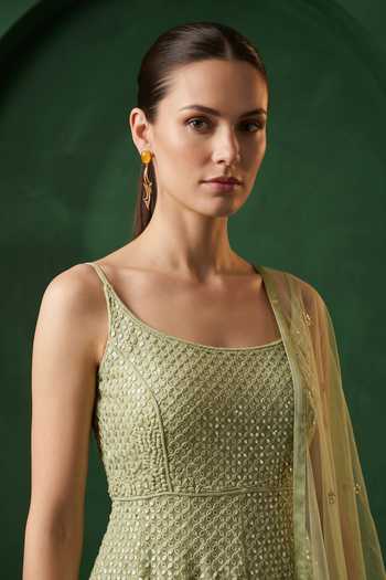 Shop_Basanti Kapde Aur Koffee_Green Net Scoop Neck Embroidered Kurta Sharara Set _Online_at_Aza_Fashions