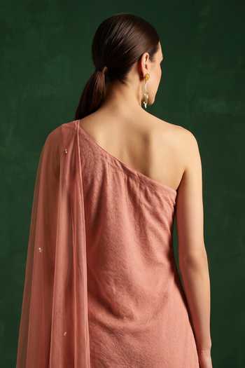 Basanti Kapde Aur Koffee Peach Net One Shoulder Sequin Bead Embroidered Kurta Set Online at Aza Fashions Basanti Kapde Aur Koffee_Peach Net One Shoulder Sequin Bead Embroidered Kurta Set _Online_at_Aza_Fashions