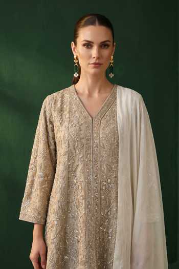 Buy Basanti Kapde Aur Koffee Beige Tissue V-neck Embroidered Kurta Set Online at Aza Fashions Buy_Basanti Kapde Aur Koffee_Beige Tissue V-neck Embroidered Kurta Set _Online_at_Aza_Fashions