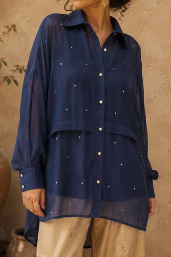 Shop_Gulaal_Blue Chanderi Collared Neck Celestial Hand Embroidered Shirt _Online_at_Aza_Fashions