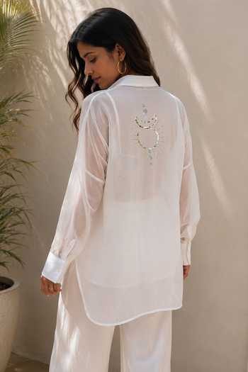 Buy_Gulaal_White Chanderi Collared Neck Placement Embroidered Shirt _Online_at_Aza_Fashions