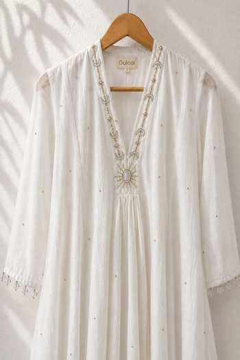 Gulaal_White Chanderi V-neck Hand Embroidered Dress _Online_at_Aza_Fashions