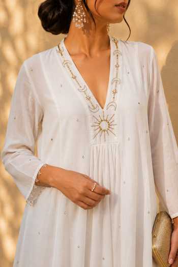 Buy_Gulaal_White Chanderi V-neck Hand Embroidered Dress _Online_at_Aza_Fashions