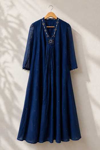 Gulaal_Blue Chanderi V-neck Neckline Embroidered Dress _Online_at_Aza_Fashions