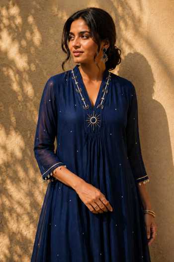 Buy_Gulaal_Blue Chanderi V-neck Neckline Embroidered Dress _Online_at_Aza_Fashions