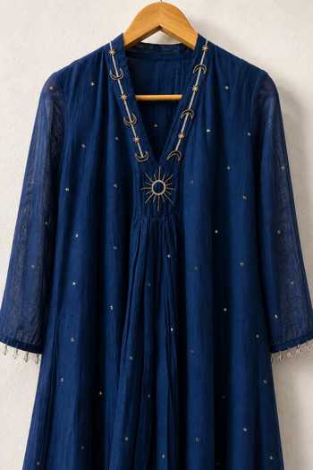 Shop_Gulaal_Blue Chanderi V-neck Neckline Embroidered Dress _Online_at_Aza_Fashions