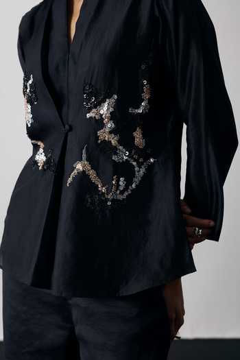 Notsosure_Black Silk, Dupion Split V-neck Hand-embroidered Shirt And Pant Set _Online_at_Aza_Fashions