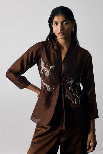 Notsosure Brown Silk, Dupion Shawl Neck Button Down Shirt And Pant Set Online at Aza Fashions Notsosure_Brown Silk, Dupion Shawl Neck Button Down Shirt And Pant Set _Online_at_Aza_Fashions
