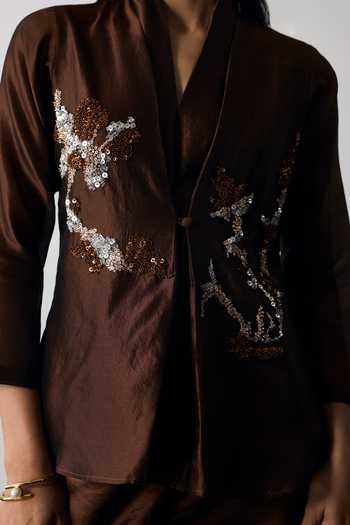 Buy Notsosure Brown Silk, Dupion Shawl Neck Button Down Shirt And Pant Set Online at Aza Fashions Buy_Notsosure_Brown Silk, Dupion Shawl Neck Button Down Shirt And Pant Set _Online_at_Aza_Fashions