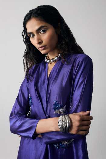 Notsosure Blue Silk, Dupion Shawl Neck Button Down Skirt And Jacket Set Online at Aza Fashions Notsosure_Blue Silk, Dupion Shawl Neck Button Down Skirt And Jacket Set _Online_at_Aza_Fashions