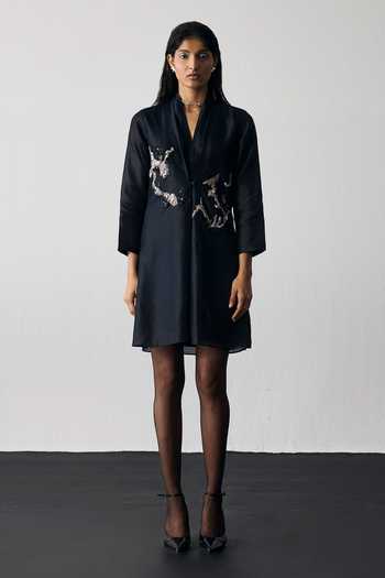 Notsosure Black Silk, Dupion Shawl Neck Button Down Dress Online at Aza Fashions Notsosure_Black Silk, Dupion Shawl Neck Button Down Dress _Online_at_Aza_Fashions