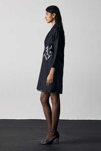 Buy Notsosure Black Silk, Dupion Shawl Neck Button Down Dress Online at Aza Fashions Buy_Notsosure_Black Silk, Dupion Shawl Neck Button Down Dress _Online_at_Aza_Fashions