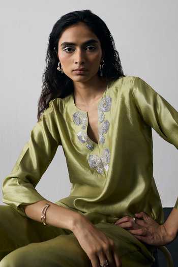 Notsosure_Green Silk, Dupion Split V-neck Top And Pant Set _Online_at_Aza_Fashions