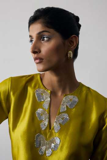 Notsosure Green Silk, Dupion Split V-neck Embroidered Top And Pant Set Online at Aza Fashions Notsosure_Green Silk, Dupion Split V-neck Embroidered Top And Pant Set _Online_at_Aza_Fashions