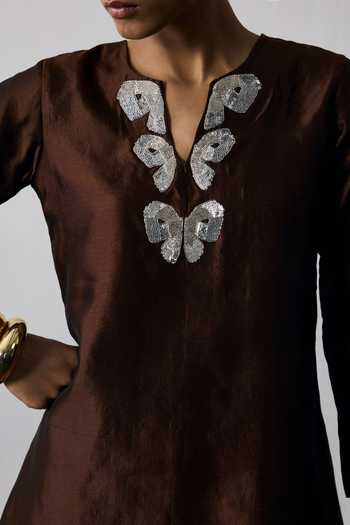 Notsosure Brown Silk, Dupion Split V-neck Neckline Embroidered Top And Pant Set Online at Aza Fashions Notsosure_Brown Silk, Dupion Split V-neck Neckline Embroidered Top And Pant Set _Online_at_Aza_Fashions