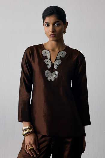 Buy Notsosure Brown Silk, Dupion Split V-neck Neckline Embroidered Top And Pant Set Online at Aza Fashions Buy_Notsosure_Brown Silk, Dupion Split V-neck Neckline Embroidered Top And Pant Set _Online_at_Aza_Fashions