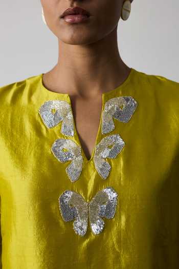 Notsosure Green Silk, Dupion Split V-neck Neckline Embroidered Dress Online at Aza Fashions Notsosure_Green Silk, Dupion Split V-neck Neckline Embroidered Dress _Online_at_Aza_Fashions