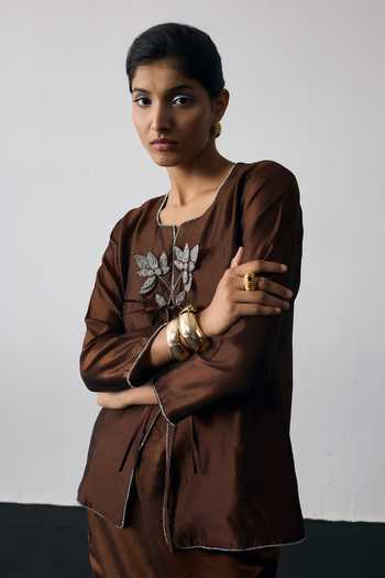 Buy Notsosure Brown Silk, Dupion Embroidered Jacket Skirt Set Online at Aza Fashions Buy_Notsosure_Brown Silk, Dupion Embroidered Jacket Skirt Set _Online_at_Aza_Fashions